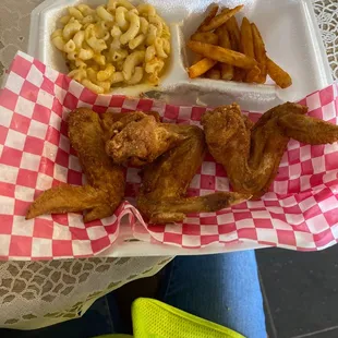 Chicken wings, fries, mac and cheese