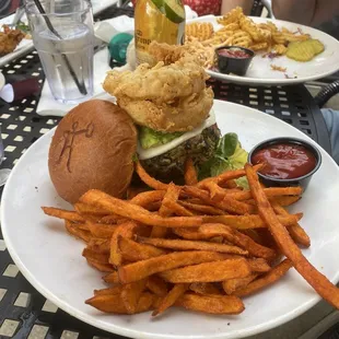 Sweet potato fries and black BEANS VEGGIE BURGER my son did not care for his burger