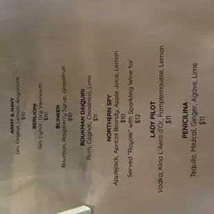 Cocktail menu 4/7/21