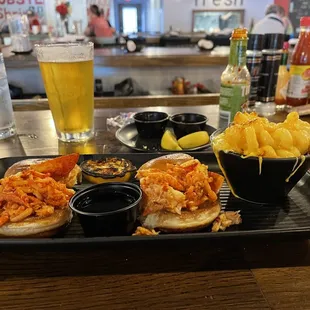 a tray of food and drinks