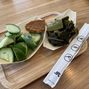 Cucumber garlic miso and stir fried mustard greens