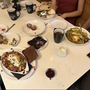 Corned beef hash, huevos rancheros, , Brussels sprouts hash and some left over aebleskivers