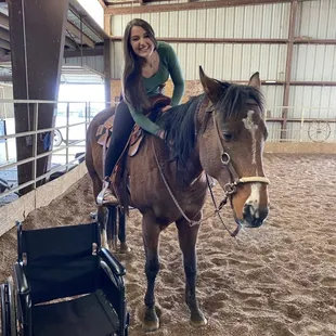 I have to use a wheelchair sometimes, and Emily helped me get on my horse for the first time in my brand new adaptive saddle