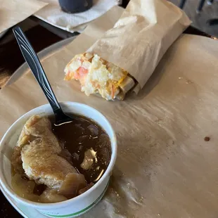 Onion soup, excellent! Turkey, cheddar cheese, bacon, tomatoes &amp; honey mustard. Half eaten...