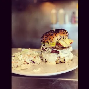 Our blues burger with a side of our homemade Hawaiian Coleslaw.