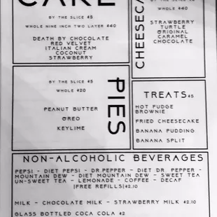 a menu for a cake shop