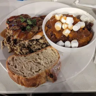 Food here is excellent  this was the teriyaki chicken with bread and sweet potato casserole. Hit his place for sure