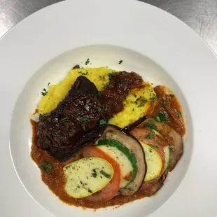 Red Wine Braised Short Ribs with Creamy Polenta &amp; Organic Ratatouille