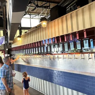a man and a little girl standing in front of a row of beer taps