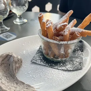 Fried funnel sticks with Oreo cream dip