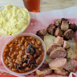 Gas station BBQ, why not! Sausage, burnt ends, potato salad, beans. All pretty good.