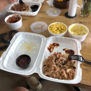 Smoked Pulled Pork, Homemade Mac and Cheese, Potato Salad, Baked Beans