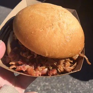 A pulled pork sandwich with bacon (of course) from the Stanley's food truck.
