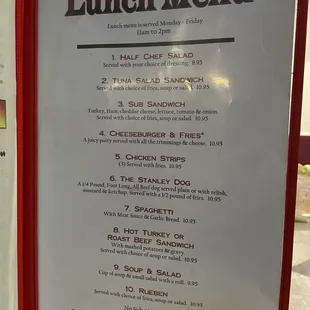 a menu for lunch