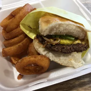 1/2 lb cheeseburger with onion rings