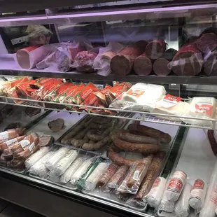 display of sausages and meats