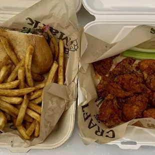 Stanley's steak sandwich with fries (Left), boneless buffalo wings with blue cheese (right)