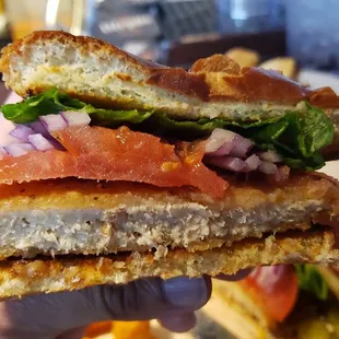 Interior of My Perfect Burger ($13), with vegan chicken patty. Not bad, not amazing.