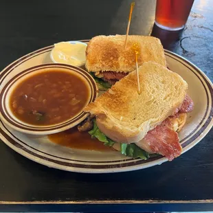 Country ham sandwich and either baked beans or pinto beans--I could not determine which. I asked for pintos, so it is probably a new recipe.