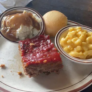 Meatloaf mashed potatoes and gravy Mac n cheese with roll sweet tea not pictured