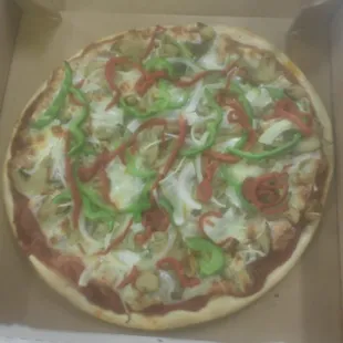 House Special: sausage, beef, pepperoni, mushrooms, onions, green paeppers, and roasted red peppers.