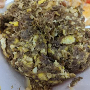 Machaca egg without the rest of the plate, which includes, beans, rice, and salad.