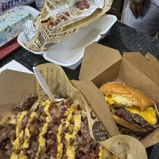Loaded fries, Wild West staq burger and pastrami dip