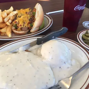 Chicken fried steak w mashed potatoes and green beans: beef and cheddar crisper