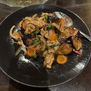 Spicy Pork with Eggplant Crunchy Calamari Aromatic Boneless Roast Duck Lunch Satay Skewers