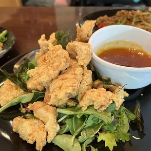 a plate of fried chicken and a bowl of sauce