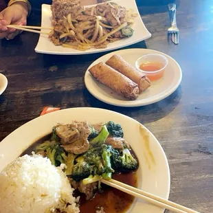 Beef and broccoli, egg rolls and Mongolian beef