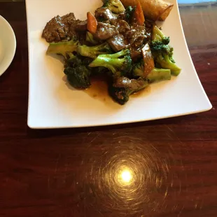 Broccoli and beef, and egg roll