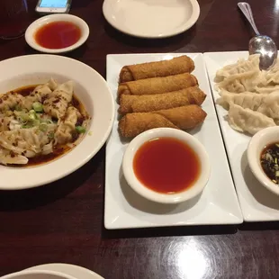 Spicy Szechuan and Steamed Dumplings with egg rolls