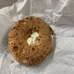 Toasted Asiago Bagel and Garlic Cream Cheese! Perfectly toasted, quick service, and reasonably priced. 10/10