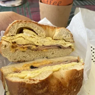 Add Ham, or Bacon, or Sausage Bagel, Egg, Cheese sandwich