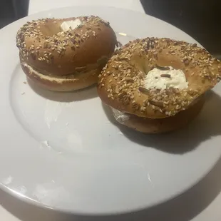 2 everything bagels. toasted with cream cheese. $12.75