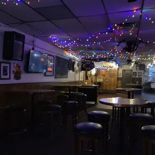 colorful lights strung from the ceiling