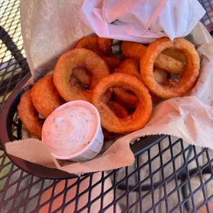 Onion rings and burger