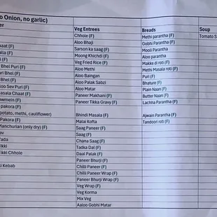 Jain Menu