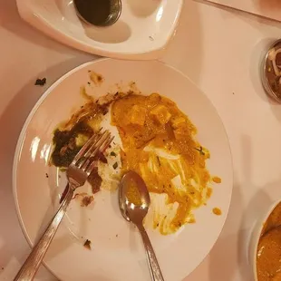 Veg galouti kabab, handi paneer, aam panna, and garlic naan