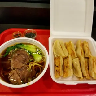 Beef noodle soup and pan fried pork dumplings