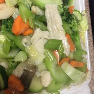 Moo Goo Gai Pan. Crisp veggies and the sauce was flavorful, not a gloopy mess.