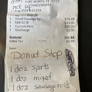 Receipt showing order