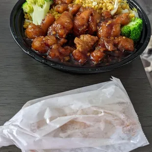 General Tso's chicken combo (with fried rice and egg roll).   Great lunch value.  Tastes more like orange chicken than geneal Tso's.
