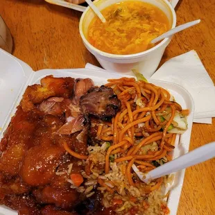 3 item combo, half rice half. CHow mein, orange chicken and terraki chicken with egg drop soup. they fill up the Styrofoam!