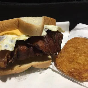 Bacon, egg, and cheese sandwich and hash browns. ($5 with a drink)