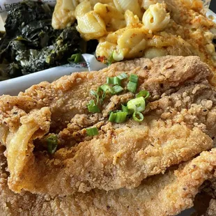 Fried Whiting Mac&amp;Cheese with Smoke Kale Greens