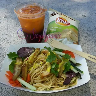 Thai noodles salad , bbq chicken , thai ice tea &amp; chips
