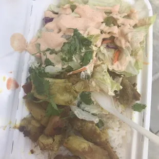 Thai BBQ chicken over rice and iceberg salad with mayo/sriracha type dressing (tasted like thousand island).  Not worth $10.