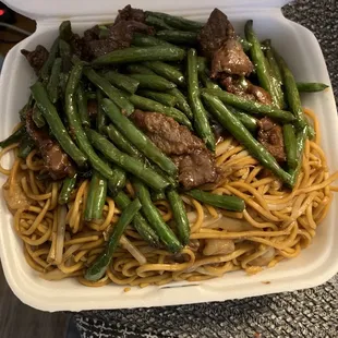 Shrimp lo mein and sautéed string beans!